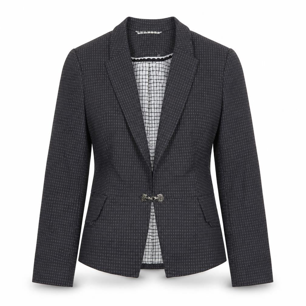 Front view of Marks & Spencer women’s blue geometric polyester jacket blazer, size UK 8