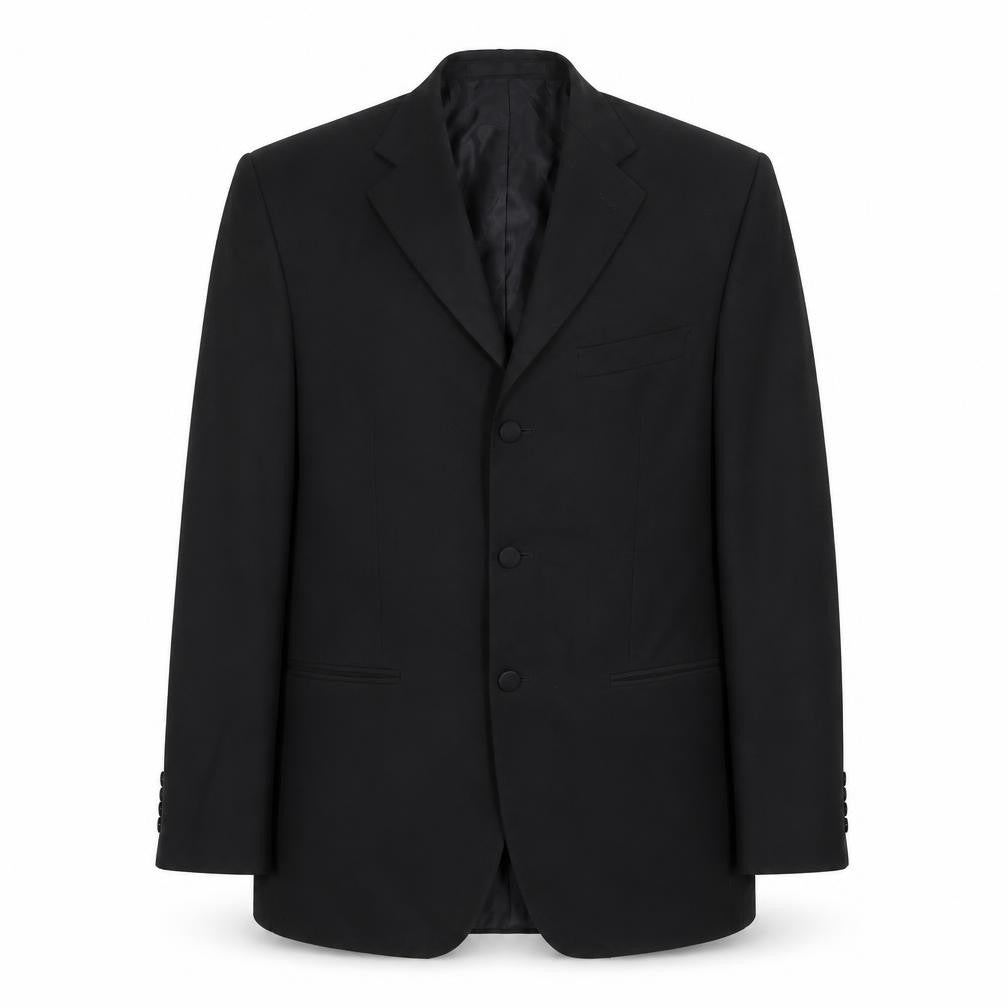 Front view of Impressions men’s black wool jacket suit jacket, size 38