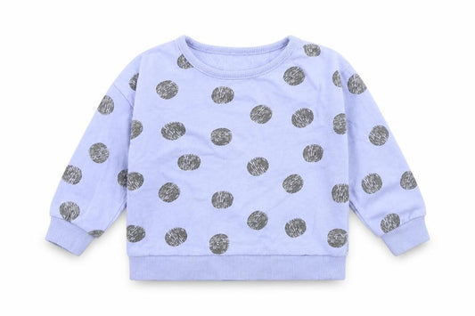 Front view of John Lewis boys’ blue polka dot cotton jumper, size 3-6, months pullover