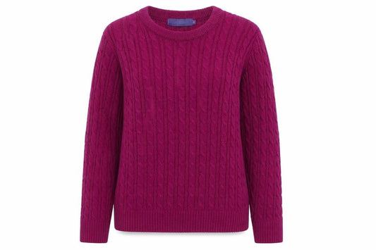 Front view of Autonomy women’s purple round neck acrylic jumper, size UK 8