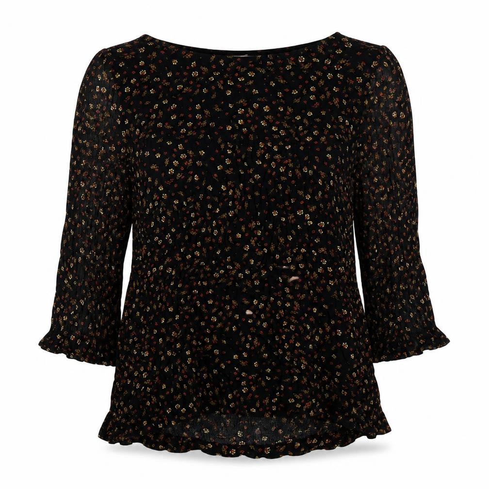 Front view of H&M women’s black geometric viscose basic t-shirt, size UK 40, round neck