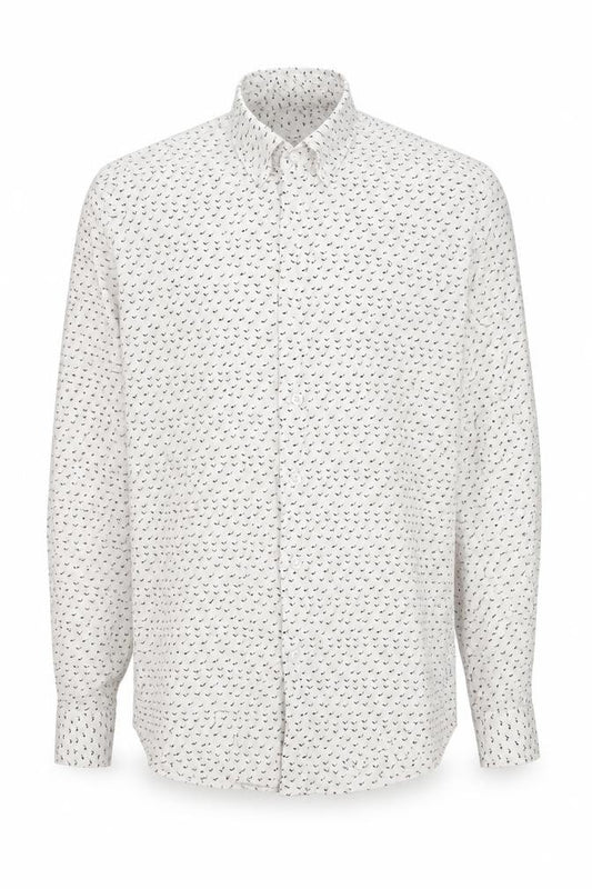 Front view of Peter Werth men’s white geometric cotton button-up, size L, collared