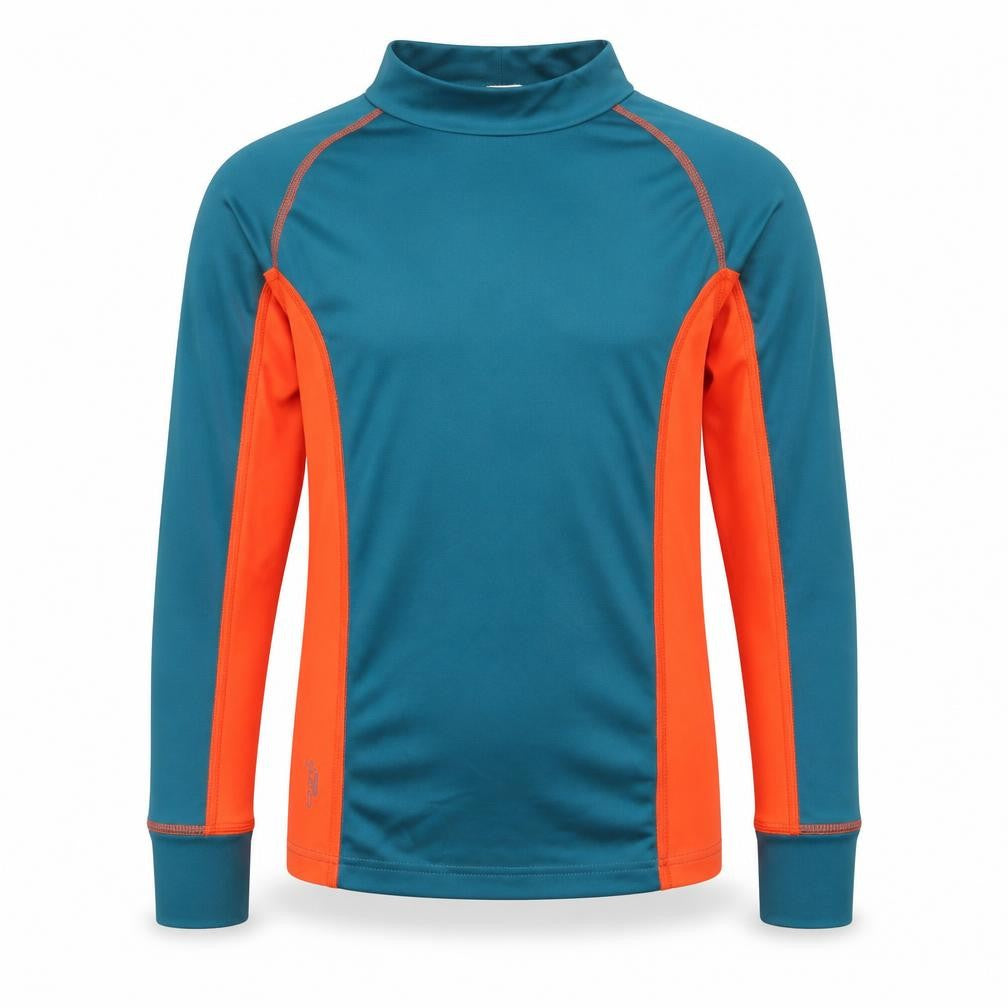 Front view of Oxylane boys’ green polyester basic t-shirt, size 8, years mock neck