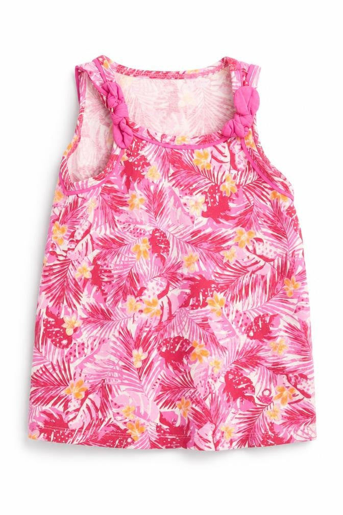 United Colors of Benetton Girls Pink Floral Cotton Basic Tank Size 2 Years Round Neck