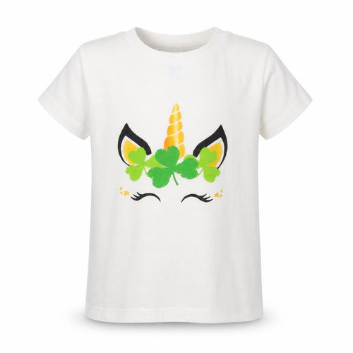 Port & Company Girls White  Cotton Basic T-Shirt Size 4 Years Crew Neck  - Unicorn