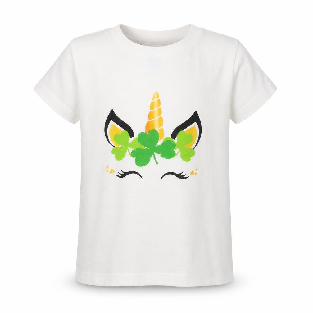 Port & Company Girls White  Cotton Basic T-Shirt Size 4 Years Crew Neck  - Unicorn