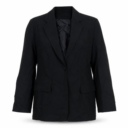 Front view of Linea women’s black triacetate jacket suit, size UK 14