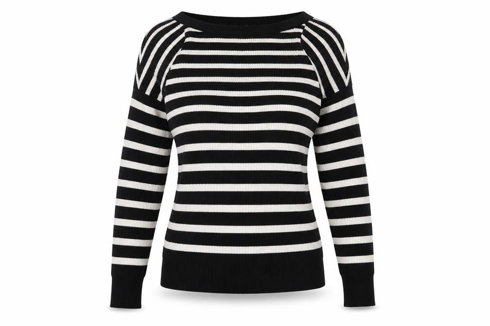 Front view of F&F women’s black crew neck striped polyester jumper, size UK 6