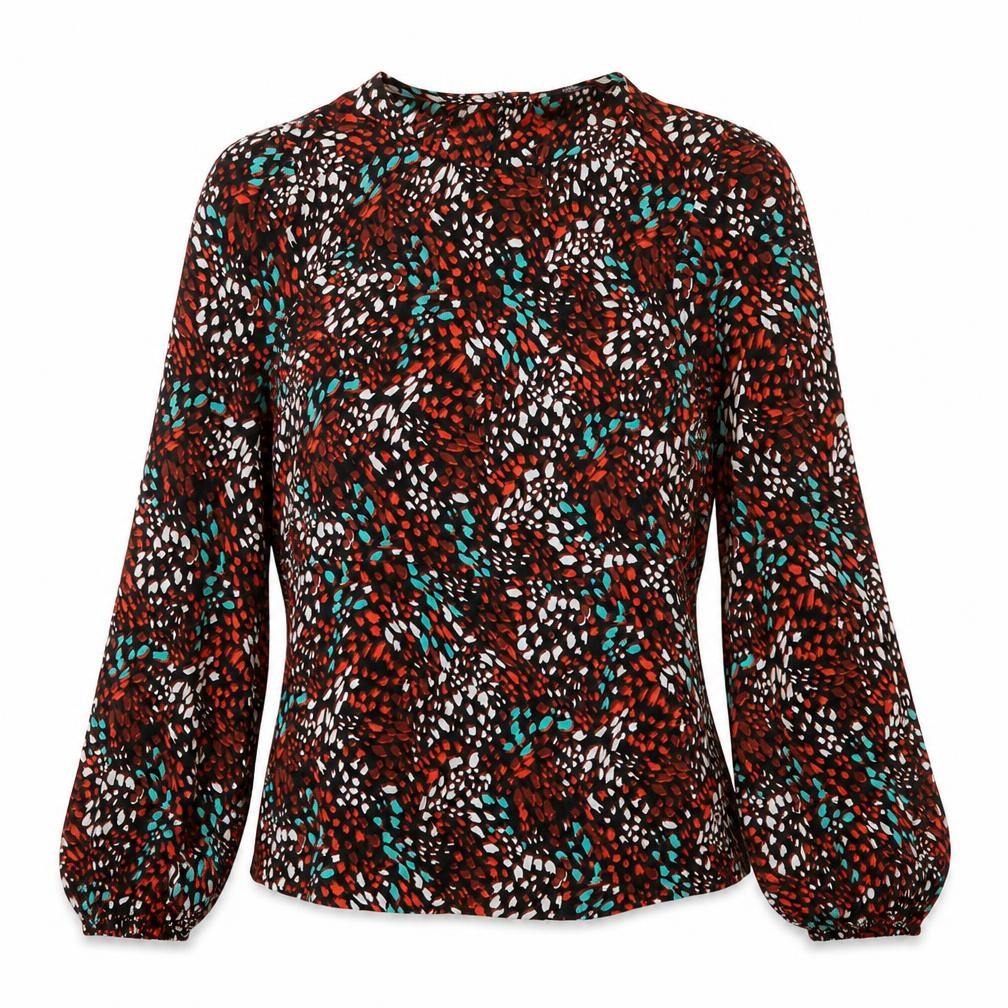 Front view of Marks & Spencer women’s red geometric viscose basic blouse, size UK 10, crew neck