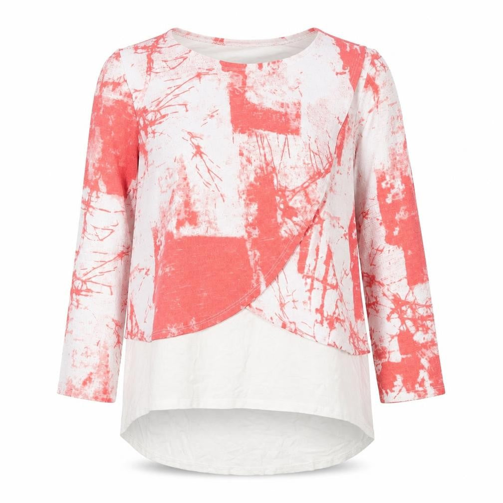 Front view of Saloos women’s red crew neck geometric polyester jumper, size UK 10