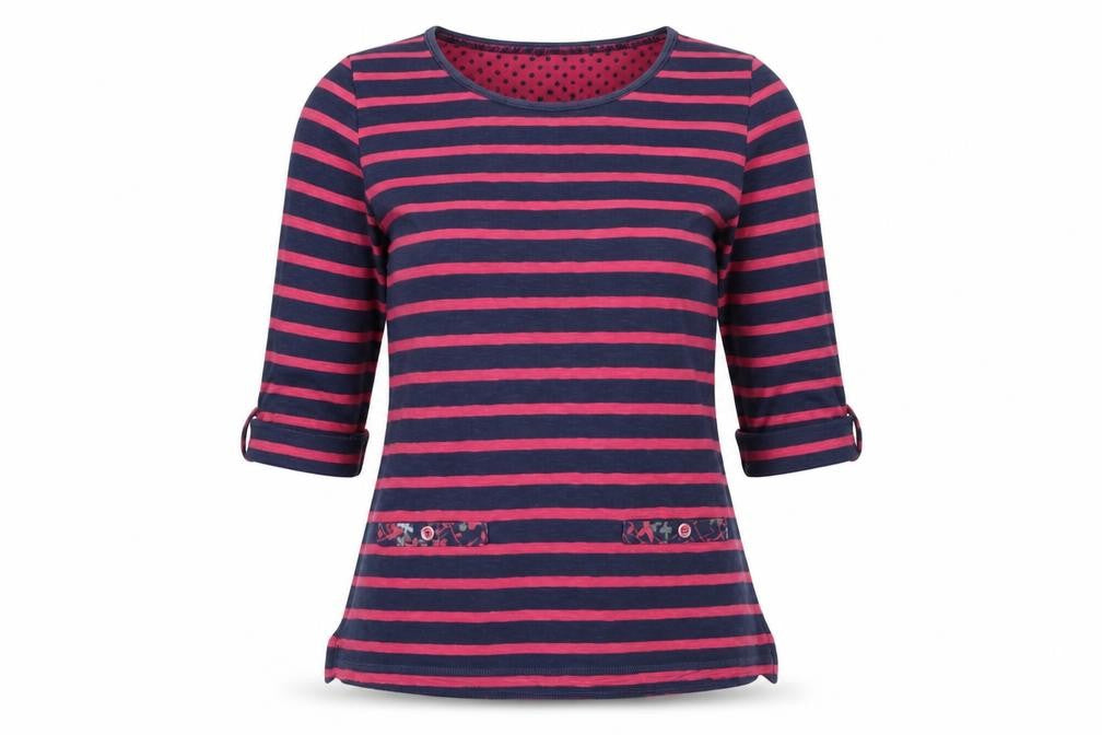 Front view of Per Una women’s pink striped cotton basic blouse, size UK 10, scoop neck