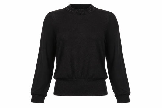 Front view of Oasis women’s black cotton basic blouse, size M, mock neck - embelished neckline