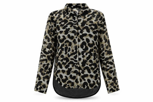 Front view of MINE women’s black animal print polyester basic button-up, size M, collared
