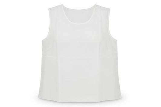 Front view of Preworn women’s white polyester basic tank, size UK 18, scoop neck
