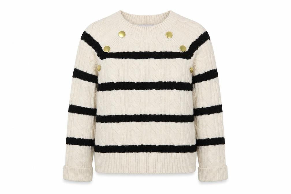 Front view of Next women’s beige crew neck striped acrylic jumper, size XS