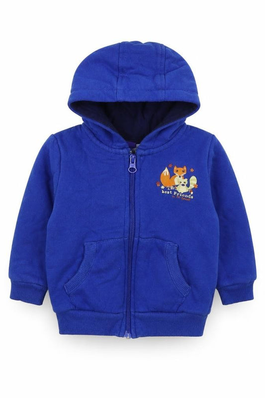 Front view of Lupilu boys’ blue jacket, size 6-9, months zip - the best friends fox squirrel