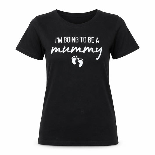 Front view of Port & Company women’s black cotton basic t-shirt, size M, crew neck - i'm going to be a mummy