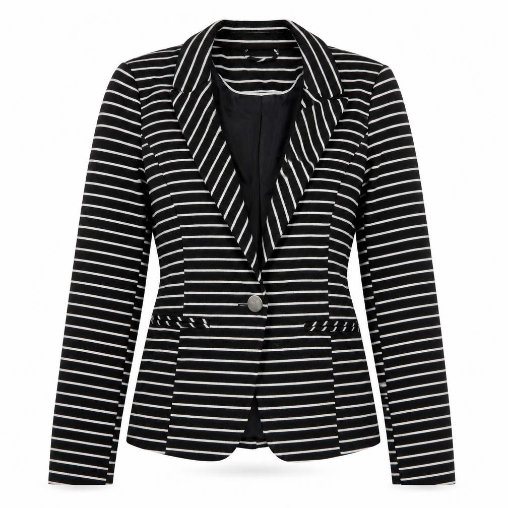 Front view of F&F women’s black striped polyester jacket blazer, size UK 10