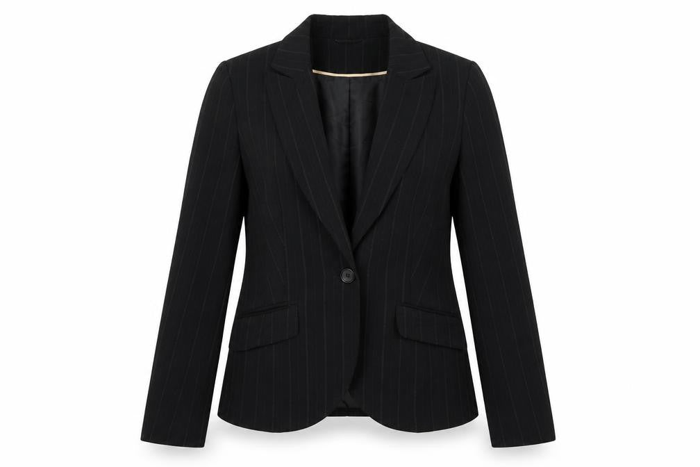 Front view of Dorothy Perkins women’s black striped polyester jacket suit jacket, size UK 12
