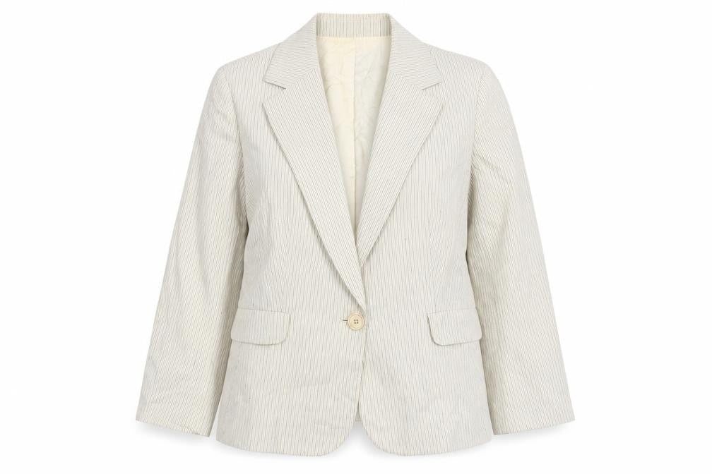 Front view of Gap women’s beige striped cotton jacket blazer, size UK 10