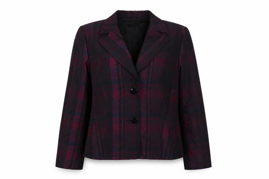 Front view of Betty Barclay women’s purple plaid polyester jacket suit jacket, size UK 14