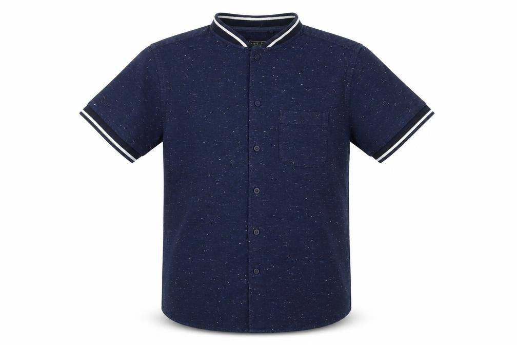 Front view of Next boys’ blue 100% cotton jersey button-up, size 10, years crew neck button