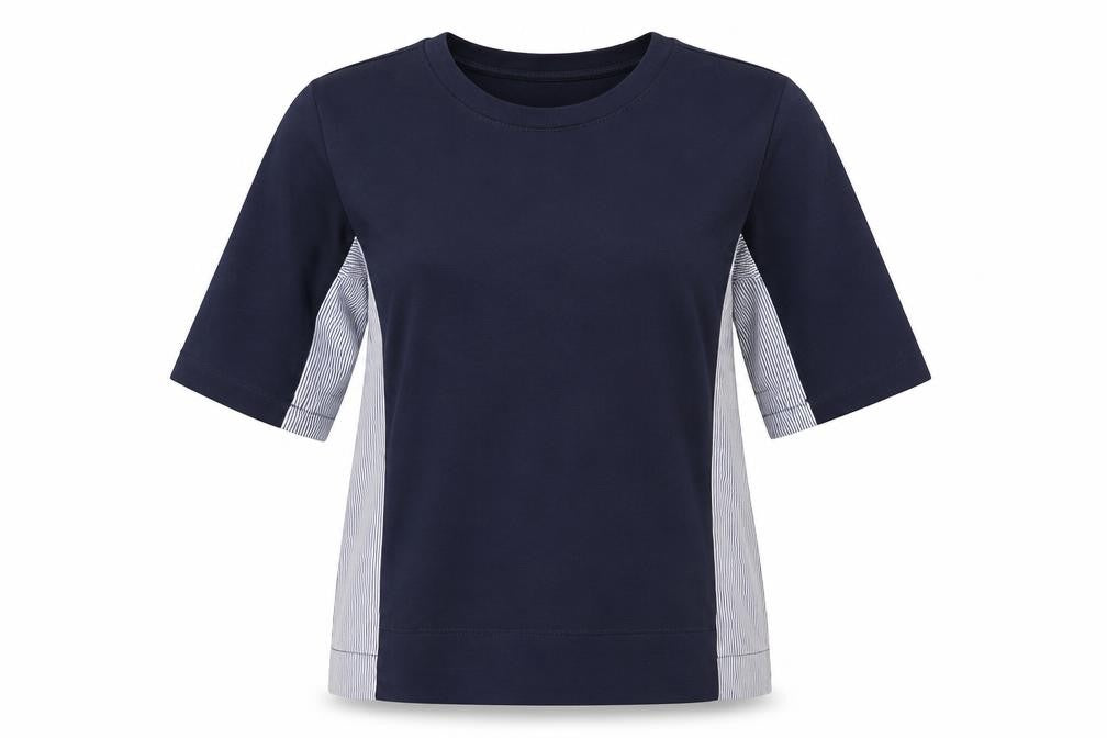 Gallery Womens Blue Striped Polyester Jersey T-Shirt Size M Crew Neck