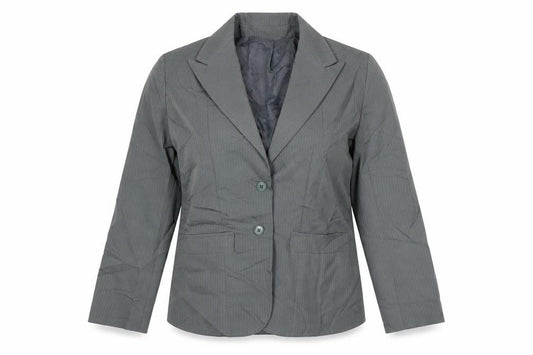 Front view of Made United women’s green striped jacket blazer, size UK 12