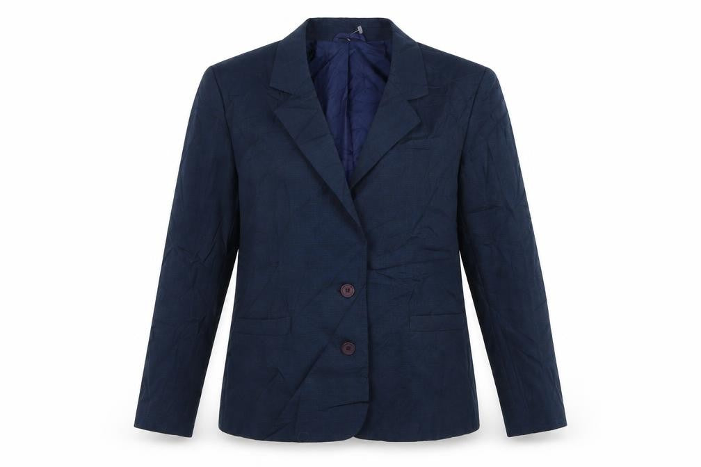 Front view of Preworn women’s blue check jacket blazer, size UK 12