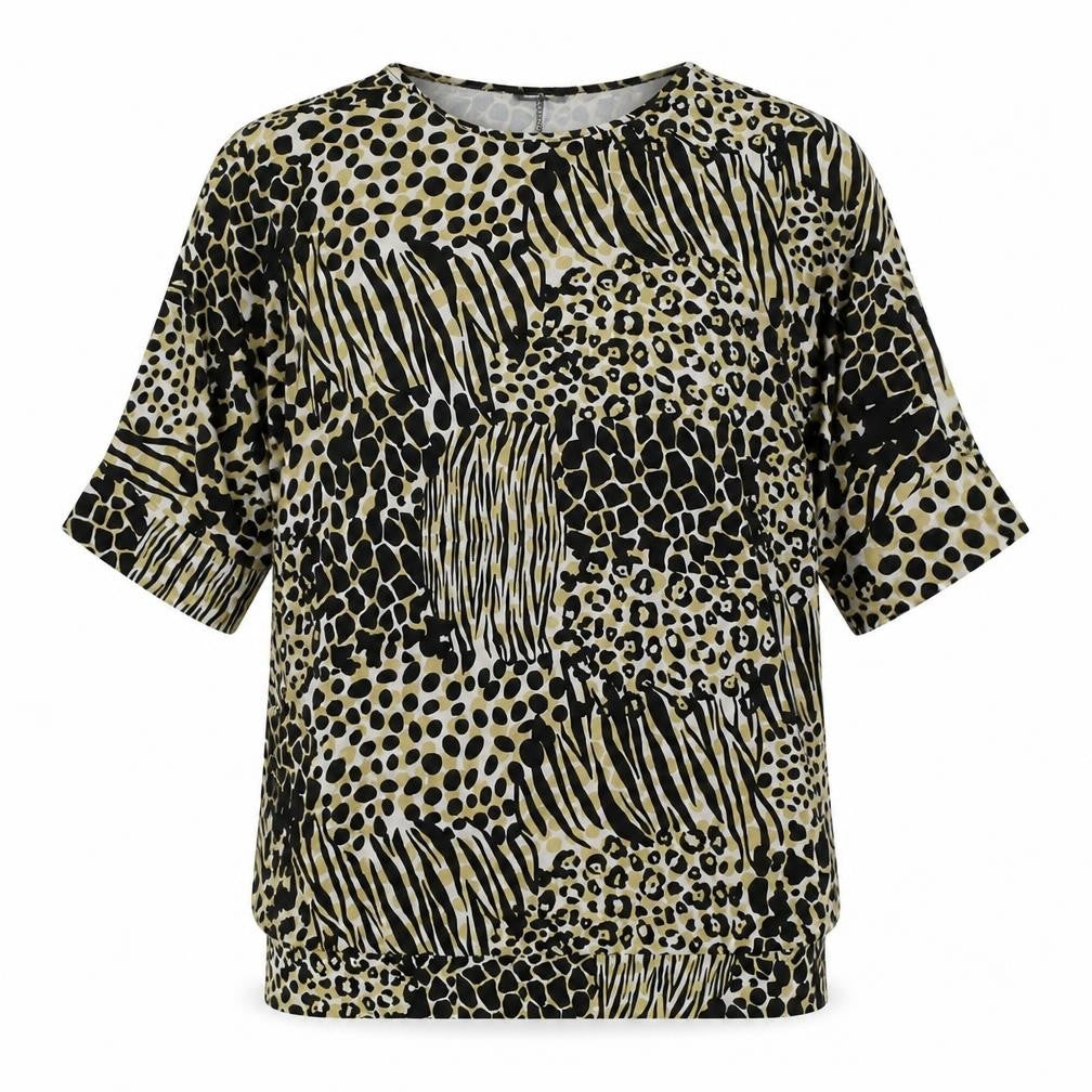 Boohoo Womens Yellow Animal Print Polyester Tunic Blouse Size 2 Round Neck