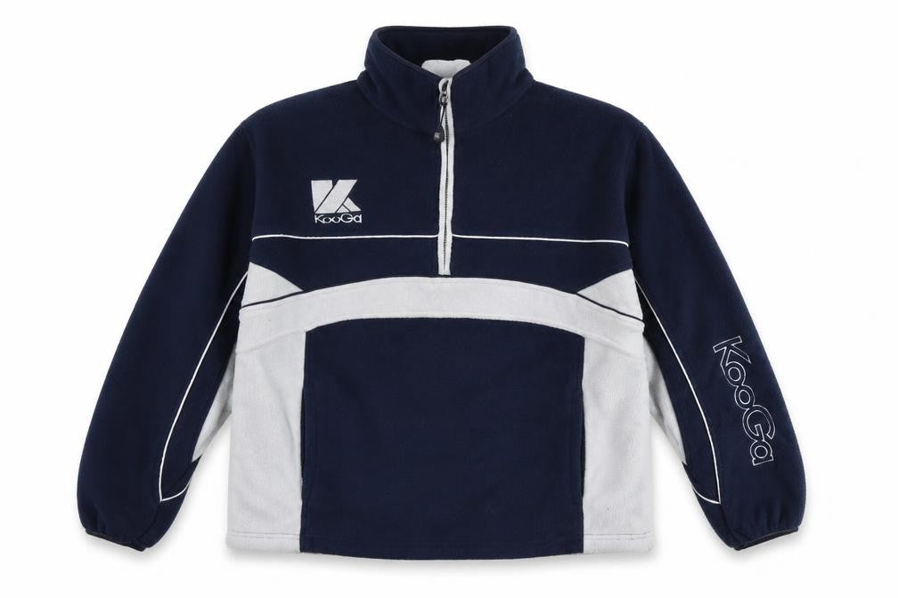 Front view of Kooga men’s blue high neck striped polyester jumper, size M
