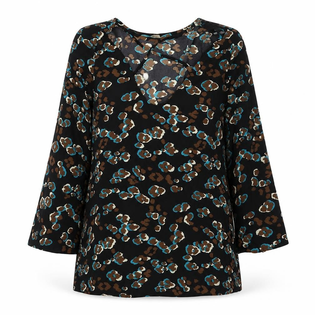 Front view of Missguided women’s black geometric polyester tunic blouse, size UK 14, v-neck