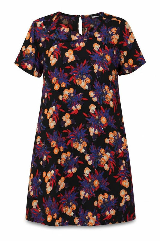 Front view of Boohoo women’s black floral polyester a-line, size UK 12, round neck