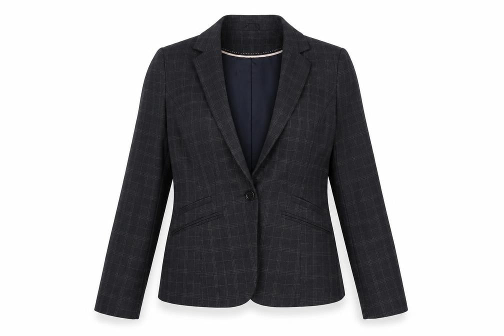 Front view of Atmosphere women’s grey plaid jacket blazer, size UK 12