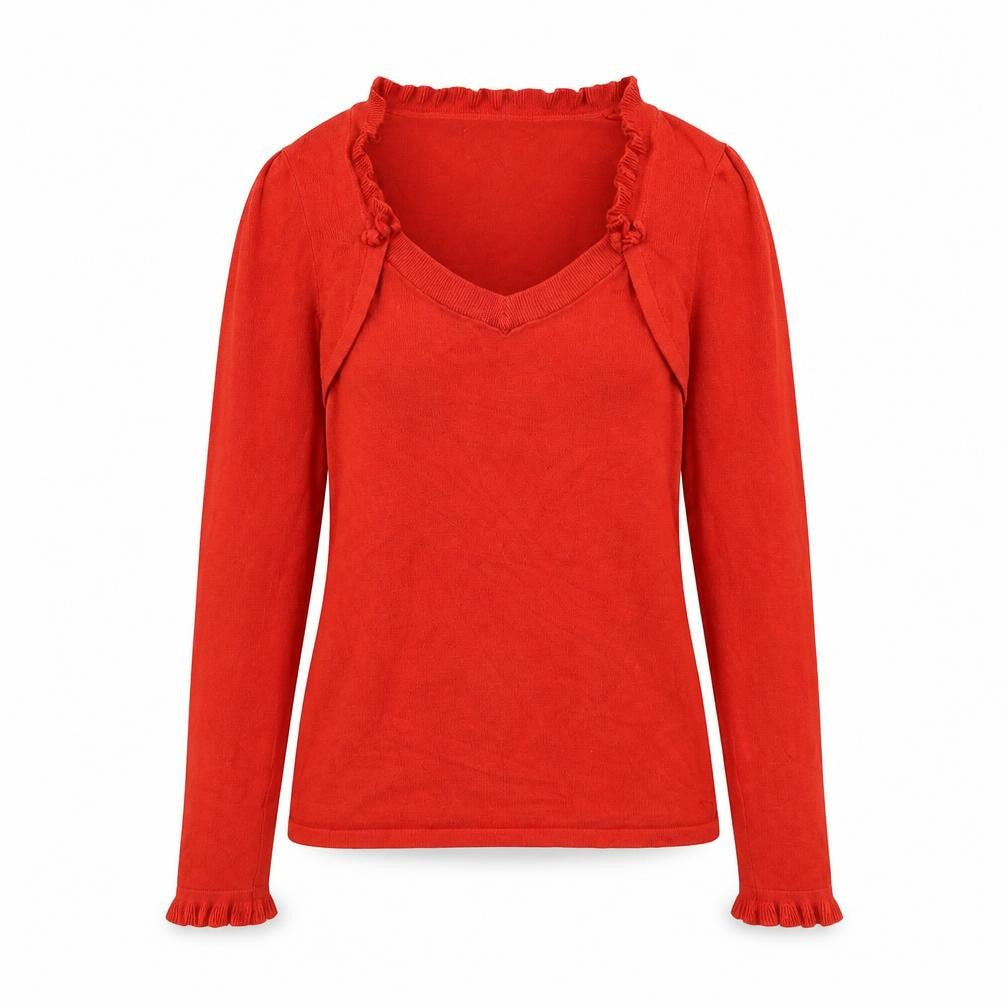 Front view of Morgan women’s red v-neck viscose jumper, size XS