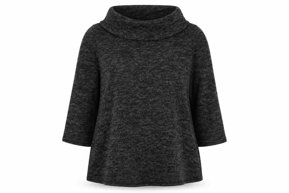 Front view of Tru Collection women’s grey roll neck polyester jumper, size UK 14