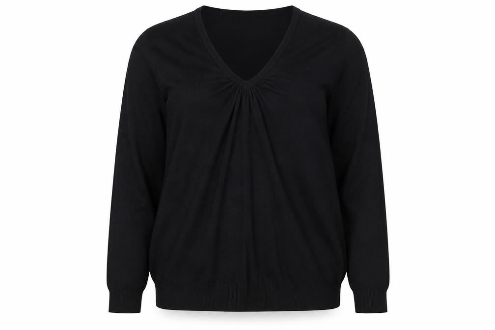 Front view of Marks & Spencer women’s black v-neck viscose jumper, size UK 14