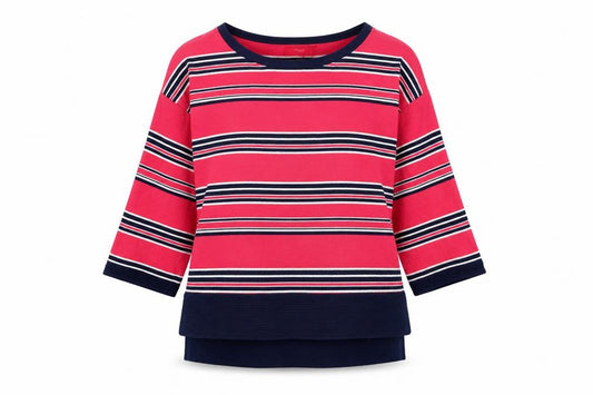 Front view of Next women’s pink round neck striped cotton jumper, size UK 8