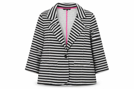 Front view of Dunnes women’s grey striped jacket blazer, size UK 14, button