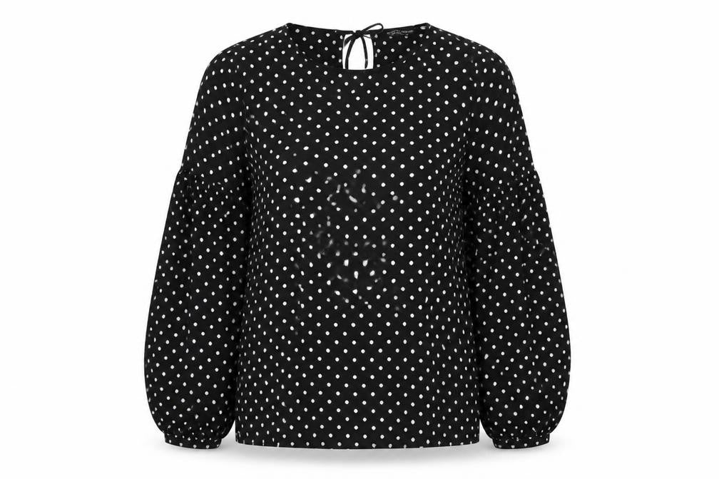 Front view of Dorothy Perkins women’s black polka dot polyester basic blouse, size UK 10, round neck