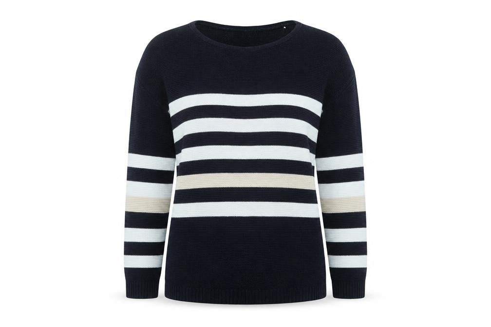 Front view of Country Casuals women’s blue round neck striped cotton jumper, size L