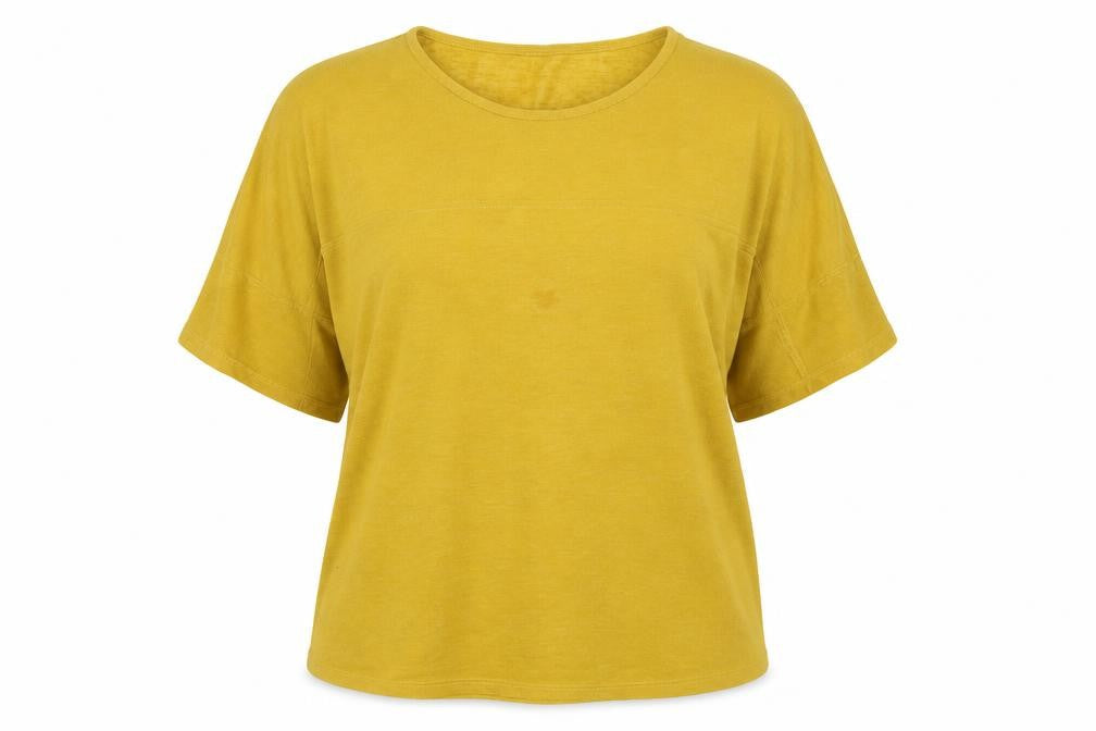 Front view of Debenhams women’s yellow round neck polyester jumper, size UK 14
