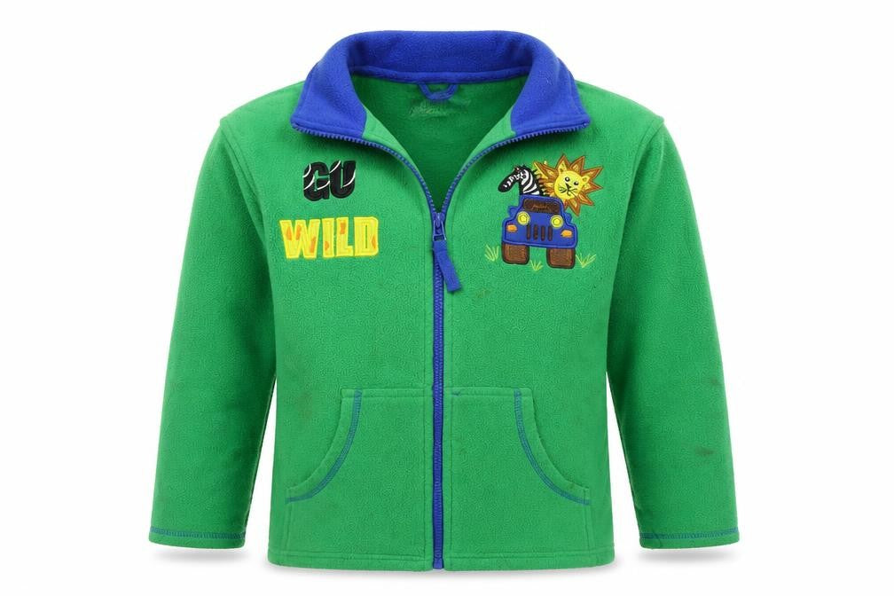 Front view of EWM boys’ green jacket, size 9-10, years zip