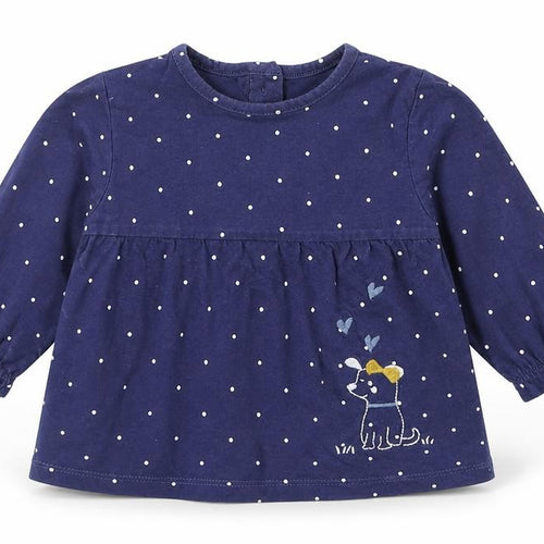 Marks and Spencer Girls Blue Polka Dot 100% Cotton Basic T-Shirt Size 3-6 Months Round Neck Pullover