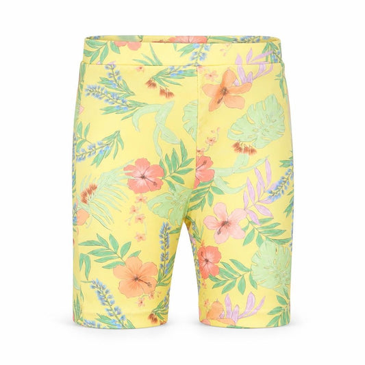 Front view of Primark girls’ yellow floral polyester cropped trousers, size 6-9, months pullover