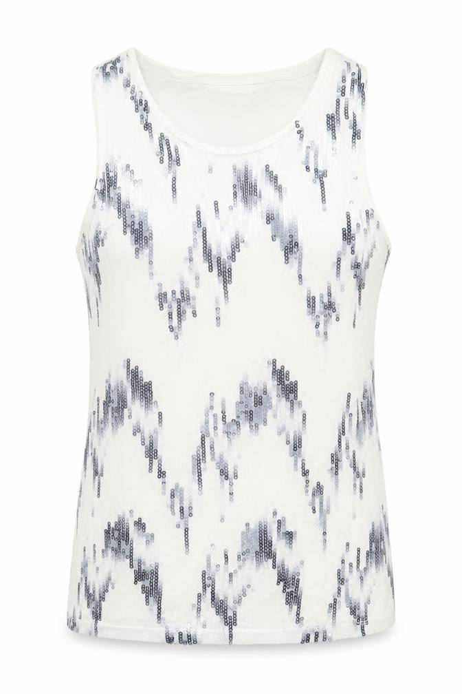 Front view of Attitude by Renee women’s white geometric polyester basic tank, size S, scoop neck