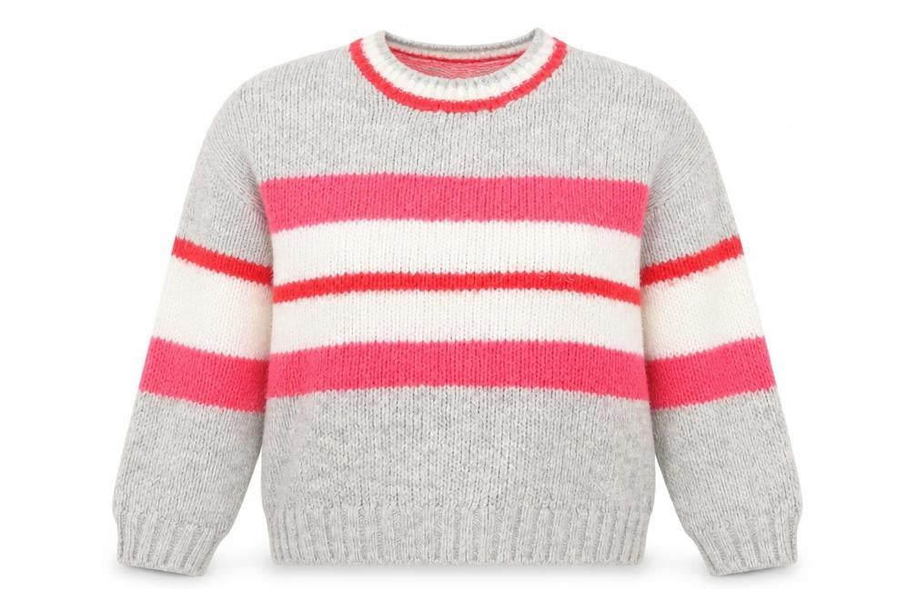 Front view of Dunnes women’s grey crew neck striped acrylic jumper, size S, - cropped