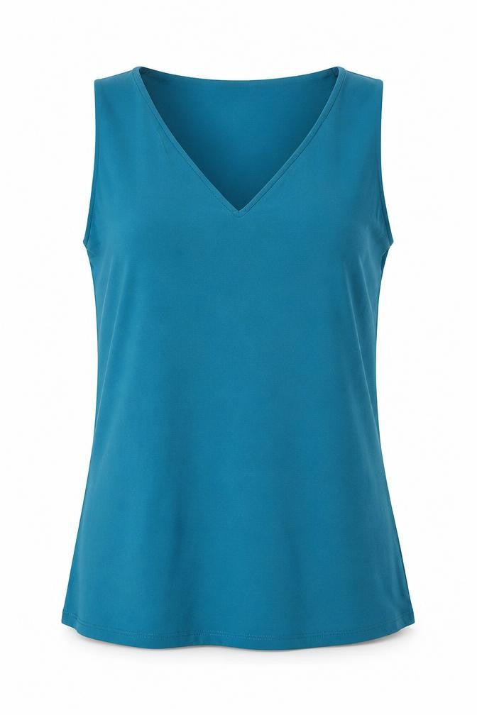 Front view of Antthony women’s blue nylon basic tank, size S, v-neck