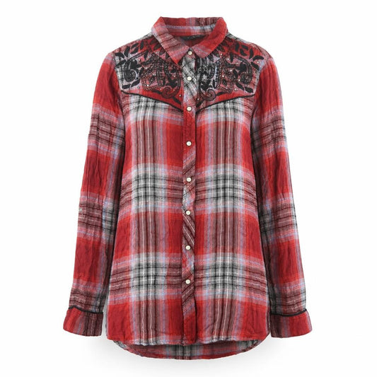 Front view of River Island women’s red plaid viscose basic button-up, size UK 6, collared