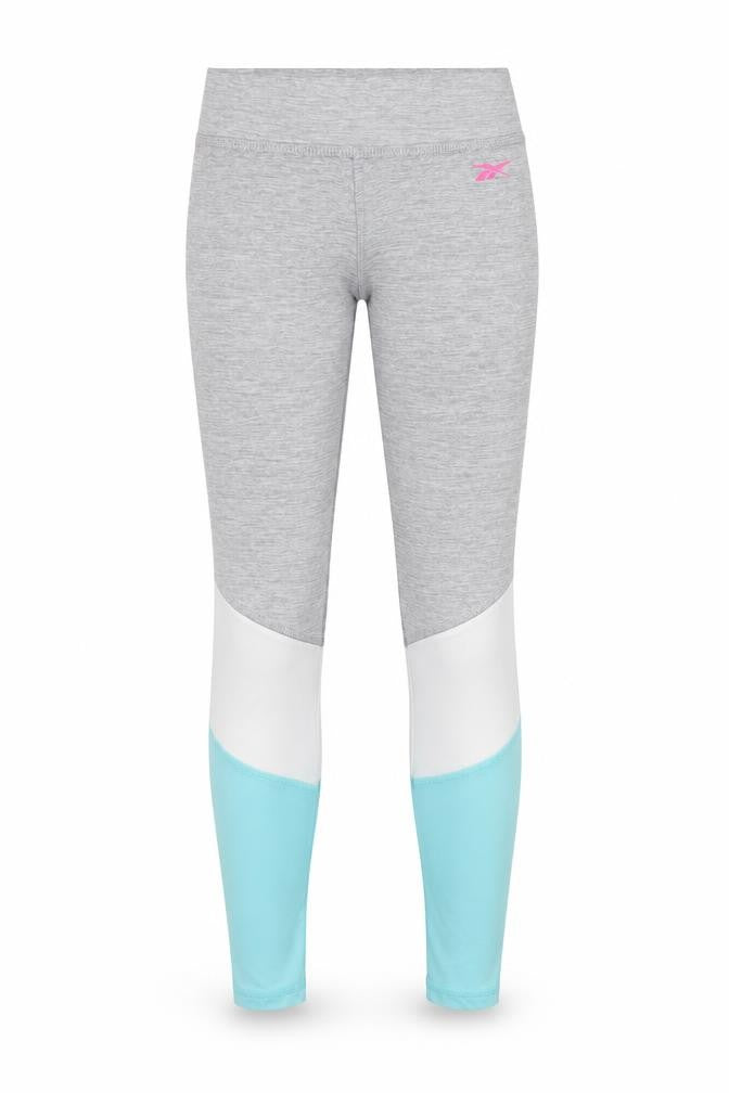 Front view of Reebok women’s grey colourblock polyester compression leggings, size UK 8, 24-inch leg regular
